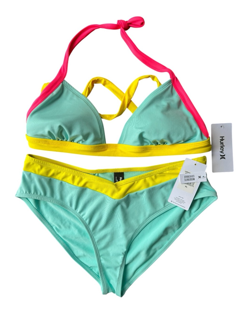 HURLEY Neon Colorblock Triangle Bikini Set (Top + Bottom) Size XL